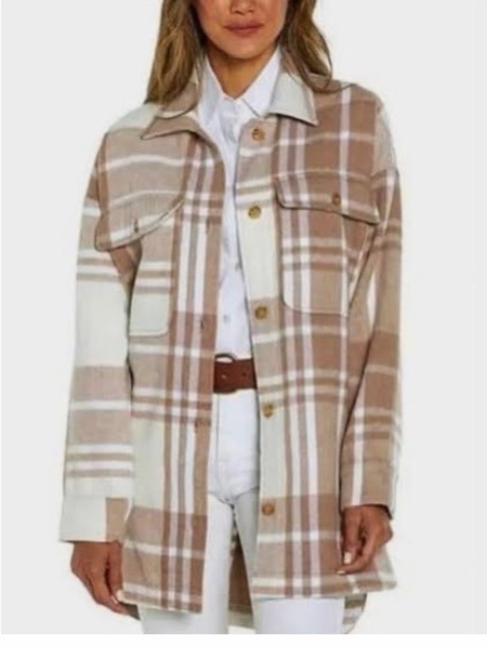 Banana Republic Beige and Cream Plaid Utility Shacket